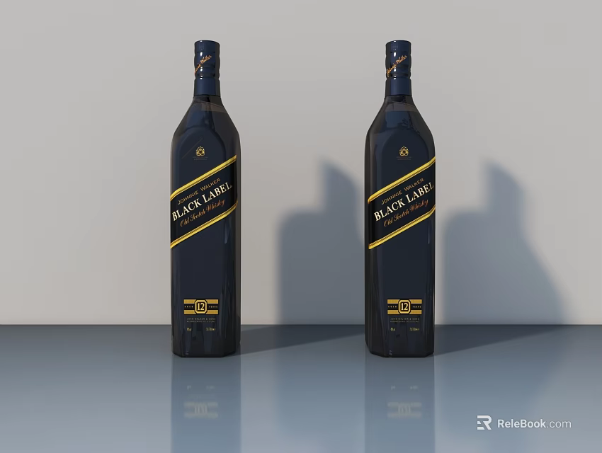 Johnnie Walker Black Label Whisky Two Dark Blue Bottles On Reflective Surface With Shadows 3d model 
