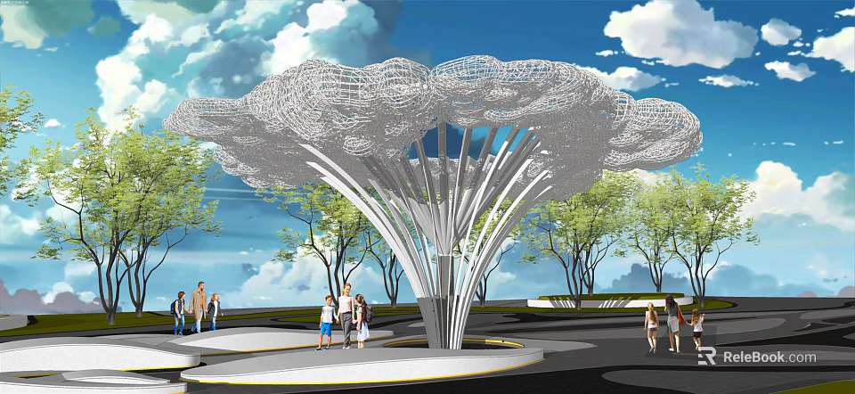 Artistic Cloud Shaped Pergola With Blue Sky White Clouds And Trees Where People Are Walking 3d model 