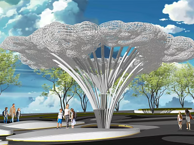 Artistic Cloud Shaped Pergola With Blue Sky White Clouds And Trees Where People Are Walking 3d model