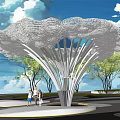 Artistic Cloud Shaped Pergola With Blue Sky White Clouds And Trees Where People Are Walking