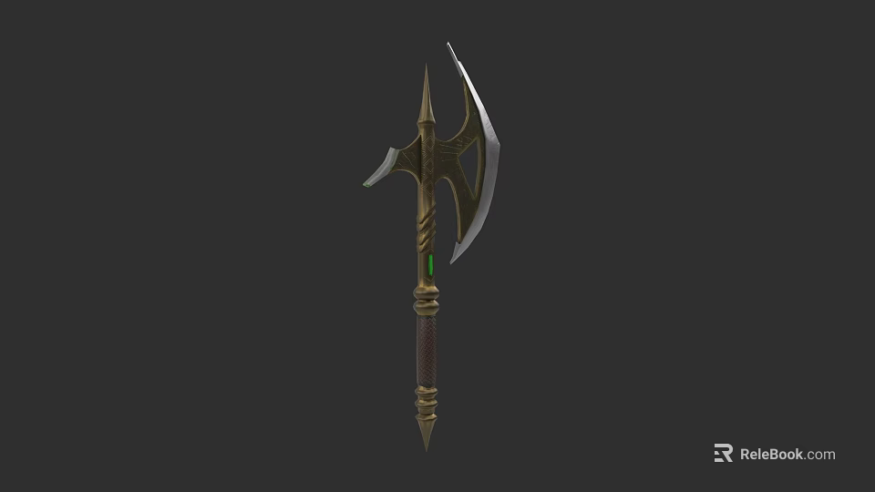 Medieval Battle Axe Weapon With Sharp Metal Blades Wooden Handle And Green Gemstone 3d model 