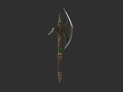 Medieval Battle Axe Weapon With Sharp Metal Blades Wooden Handle And Green Gemstone 3d model