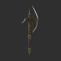 Medieval Battle Axe Weapon With Sharp Metal Blades Wooden Handle And Green Gemstone