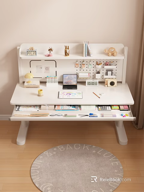 Kids Study Desk With Upper Shelf Storage Stationery Organization And Drawing Area 3d model 