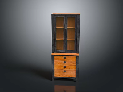Stylish Wooden Cabinet With Upper Glass Doors Dark Frame Lower Drawers And Metal Handles 3d model
