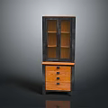 Stylish Wooden Cabinet With Upper Glass Doors Dark Frame Lower Drawers And Metal Handles