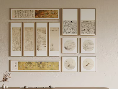 Traditional Chinese Paintings Wall Decor With Various Framed Artworks Different Sizes Shapes 3d model