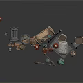Ancient Tools and Artifacts Collection With Wooden Shelf Clay Pots Stone Mill and Tools