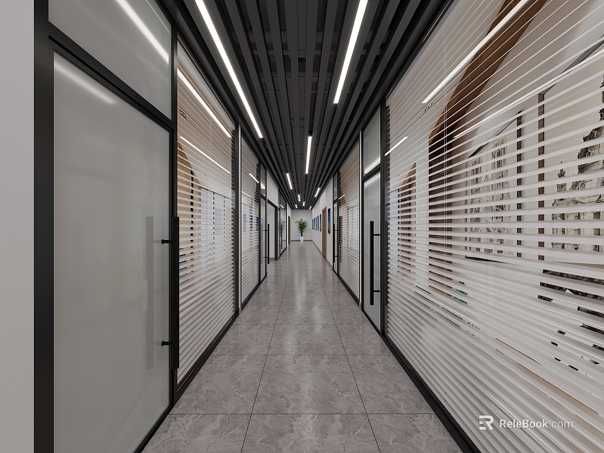 Modern Office Hallway Interior Design With Glass Partitions Ceiling Light Strips And Gray Floor Tiles 3d model 