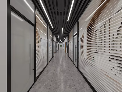 Modern Office Hallway Interior Design With Glass Partitions Ceiling Light Strips And Gray Floor Tiles 3d model
