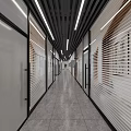 Modern Office Hallway Interior Design With Glass Partitions Ceiling Light Strips And Gray Floor Tiles