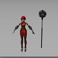 Red Hair Female Character In Red Tight Suit With Mechanical Arms And Hexagonal Hammer