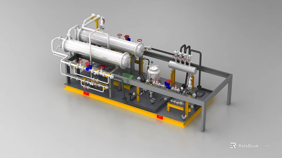 Industrial Equipment With Pipeline Valves Storage Tanks Metal Frame And Yellow Base 3d model 