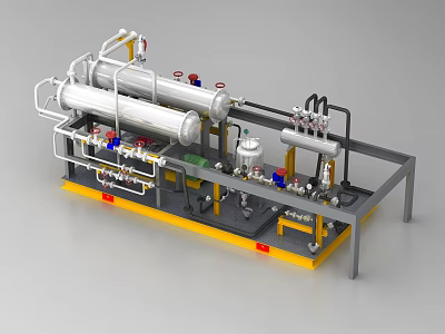 Industrial Equipment With Pipeline Valves Storage Tanks Metal Frame And Yellow Base 3d model