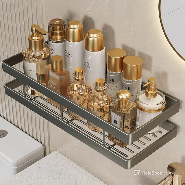 Bathroom Wall Mounted Storage Shelf With Gold And White Perfume Bottles 3d model 