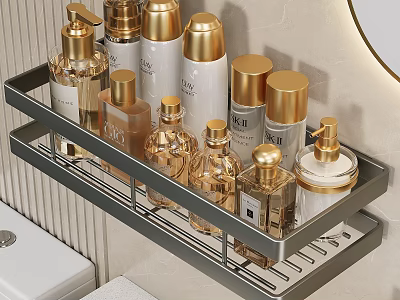 Bathroom Wall Mounted Storage Shelf With Gold And White Perfume Bottles 3d model