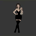 Stylish Female In Black Dress With Hooded Hat Thigh High Socks And Beige Handbag