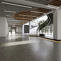 Modern Office Corridor With Wooden Ceiling Glass Skylights Gray Flooring And White Walls