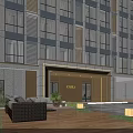 Modern Residential Building Exterior With Glass Windows Entrance And Outdoor Seating Area