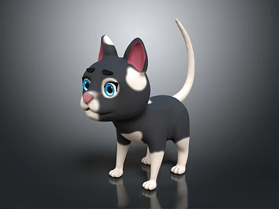 Cute Cartoon Style Black and White Cat with Blue Eyes Pink Nose Standing Pose 3d model