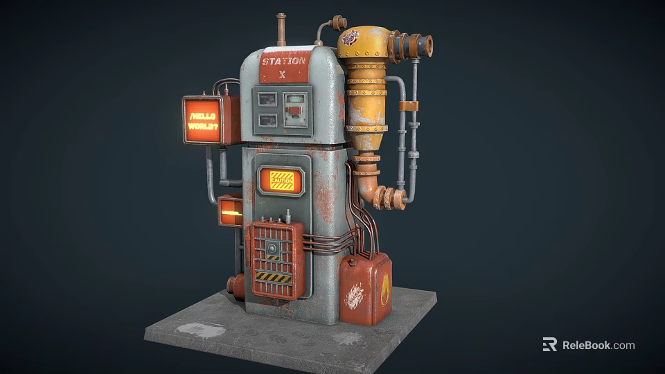 Vintage Industrial Fuel Station Equipment With Rusty Pipes And Red Containers 3d model 