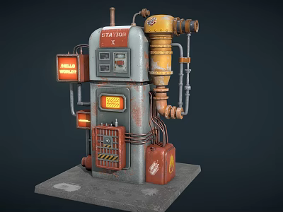 Vintage Industrial Fuel Station Equipment With Rusty Pipes And Red Containers 3d model