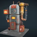 Vintage Industrial Fuel Station Equipment With Rusty Pipes And Red Containers