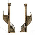 Rustic Wooden Spiral Staircase With Columns Handrails And Steps Design 3d model