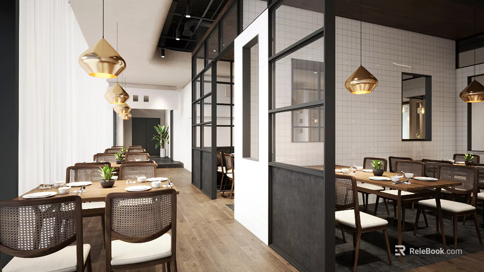 Modern Restaurant Interior With Wooden Dining Tables Rattan Chairs Glass Partitions And Gold Pendant Lights 3d model 