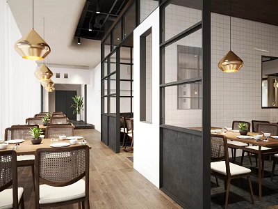 Modern Restaurant Interior With Wooden Dining Tables Rattan Chairs Glass Partitions And Gold Pendant Lights 3d model