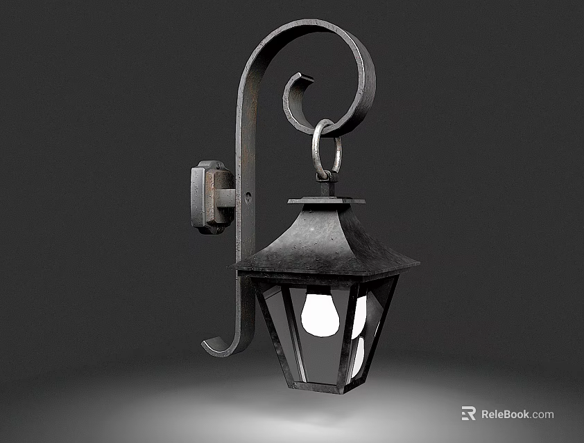 Vintage Iron Wall Lamp With Curved Bracket And Hexagonal Glass Shade 3d model 