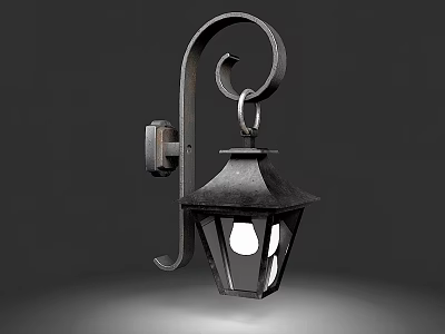 Vintage Iron Wall Lamp With Curved Bracket And Hexagonal Glass Shade 3d model