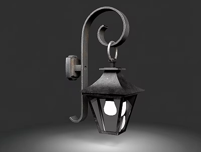 Vintage Iron Wall Lamp With Curved Bracket And Hexagonal Glass Shade 3d model