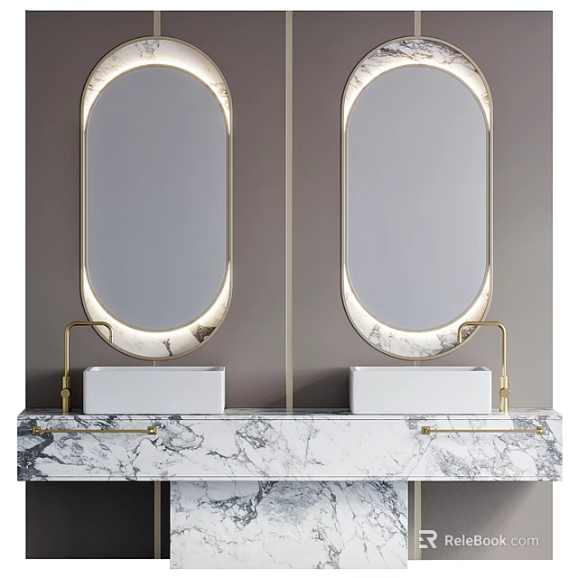 Luxury Bathroom Vanity With Double Oval Gold Frame Mirrors And Marble Countertop White Sinks 3d model 