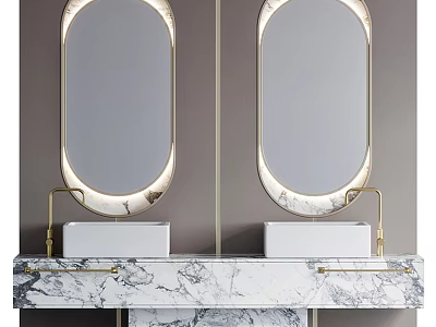 Luxury Bathroom Vanity With Double Oval Gold Frame Mirrors And Marble Countertop White Sinks 3d model