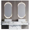 Luxury Bathroom Vanity With Double Oval Gold Frame Mirrors And Marble Countertop White Sinks