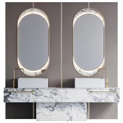Luxury Bathroom Vanity With Double Oval Gold Frame Mirrors And Marble Countertop White Sinks 3d model