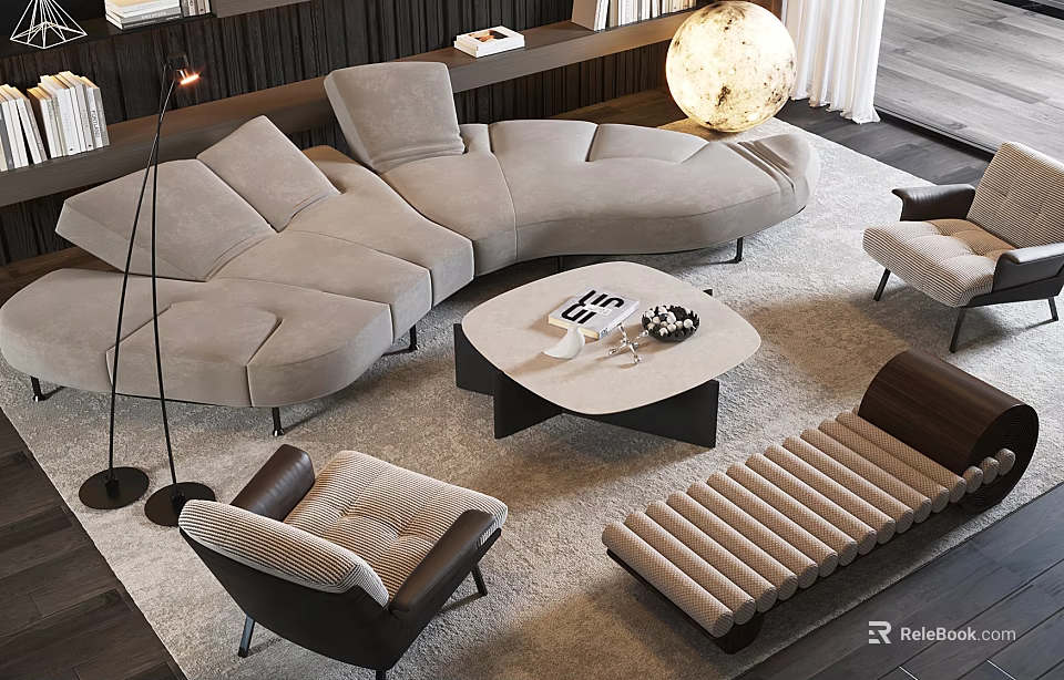 Modern Stylish Sofa Coffee Table Set With Curved Light Gray Sofa Round Table And Armchairs 3d model 