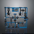 Industrial Equipment With Blue Frame Pipes Valves And Control Panel