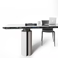 Modern Rectangular Desk With Metal And White Pedestal Bases Books Cup Potted Plant And Chair
