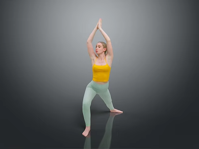 Woman Practicing Yoga Lunge Pose in Yellow Top and Light Green Leggings Hands Raised Overhead 3d model