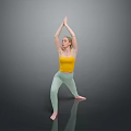 Woman Practicing Yoga Lunge Pose in Yellow Top and Light Green Leggings Hands Raised Overhead