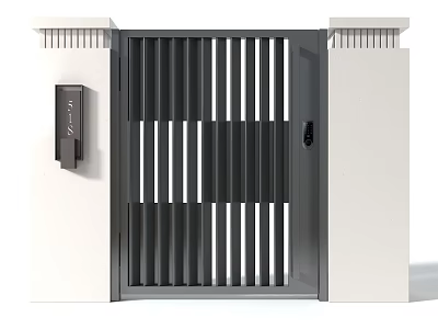 Modern Entrance Gate With Vertical Slat Design And White Pillars Security Access 3d model