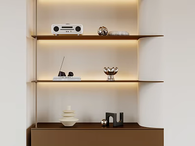 Modern Illuminated Shelving Unit With Decorative Sculptures Radio And Vase In Neutral Tones 3d model