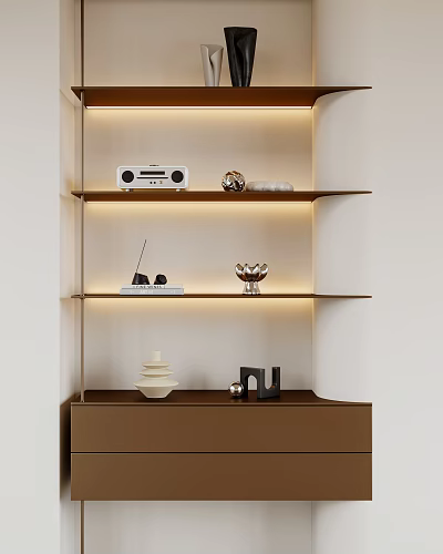 Modern Illuminated Shelving Unit With Decorative Sculptures Radio And Vase In Neutral Tones 3d model