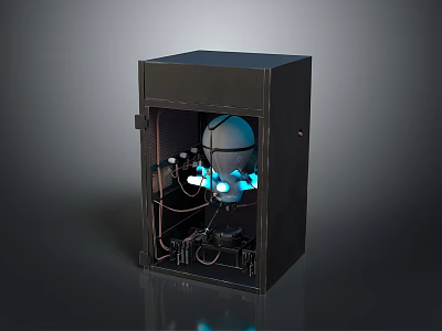 Black Metal Enclosure With Internal Mechanical Components And Blue Illuminated Elements 3d model