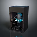 Black Metal Enclosure With Internal Mechanical Components And Blue Illuminated Elements