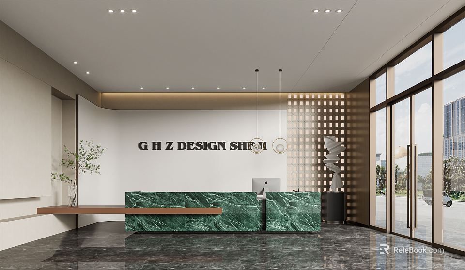 Modern Reception Interior Design With Green Marble Countertop And Hanging Lights 3d model 
