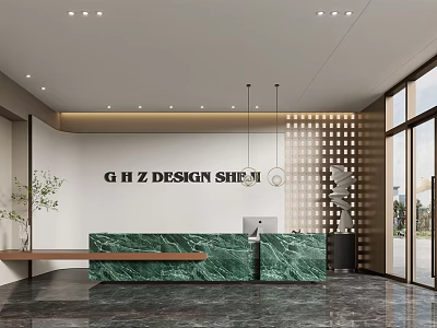 Modern Reception Interior Design With Green Marble Countertop And Hanging Lights 3d model