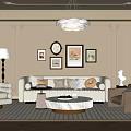 Elegant Modern Living Room Design With Beige Sofa Round Chandelier Wall Art Rug Accent Chair
